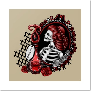 Red Skeleton Girl in Mirror Drink Me Bottle Red and White Roses Posters and Art